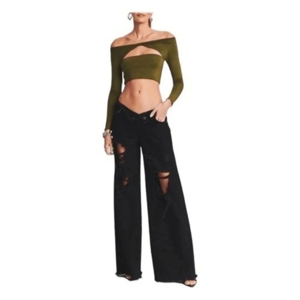 SER.O.YA Ellis Twisted Peekaboo Top Olive Green Long Sleeve‎ Crop Long Sleeve M